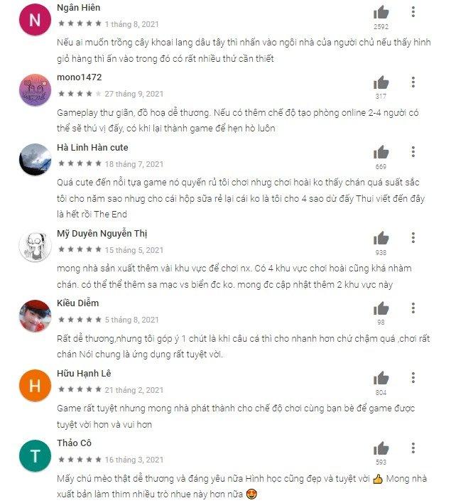 Vô vàn lời khen và đánh giá của người chơi dành cho Rừng mèo – Chuyện cắm trại – Nguồn: Google Play.