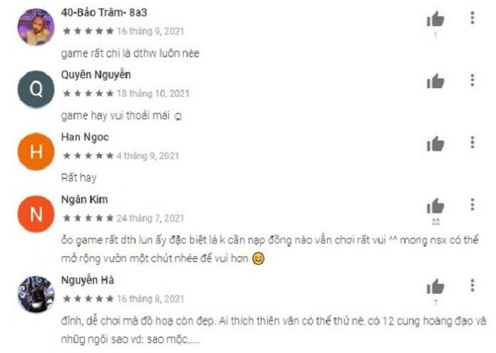 Đánh giá của người chơi Game Starry Garden – Nguồn: Google Play.