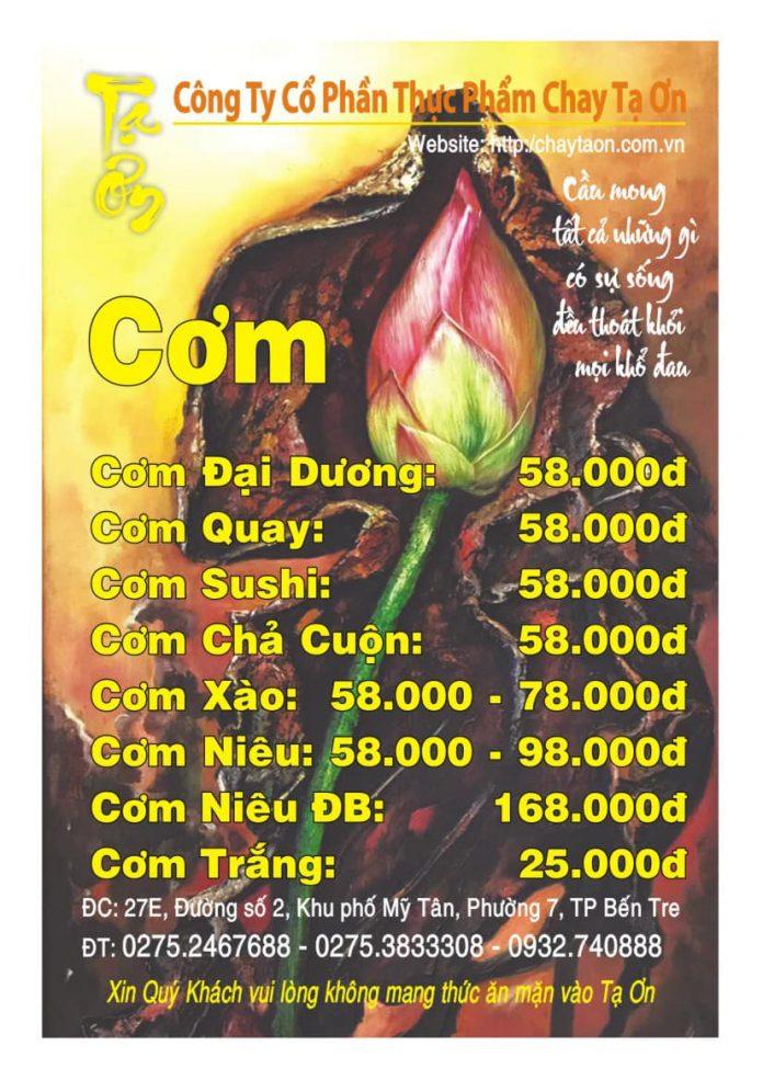 Menu cơm (Ảnh: Ẩm thực chay Tạ Ơn)