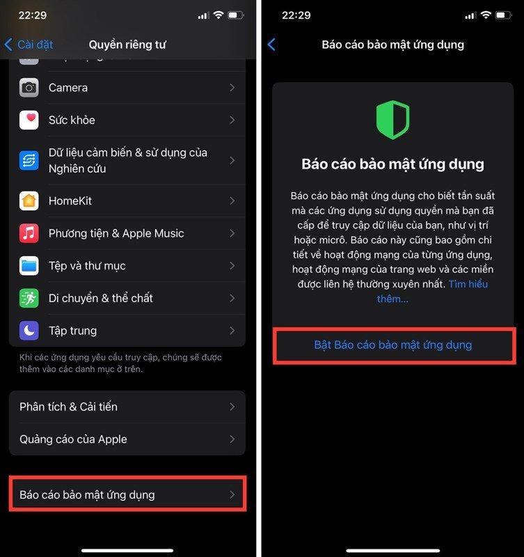Kích hoạt tính năng "Báo cáo bảo mật ứng dụng" (Ảnh: Internet)