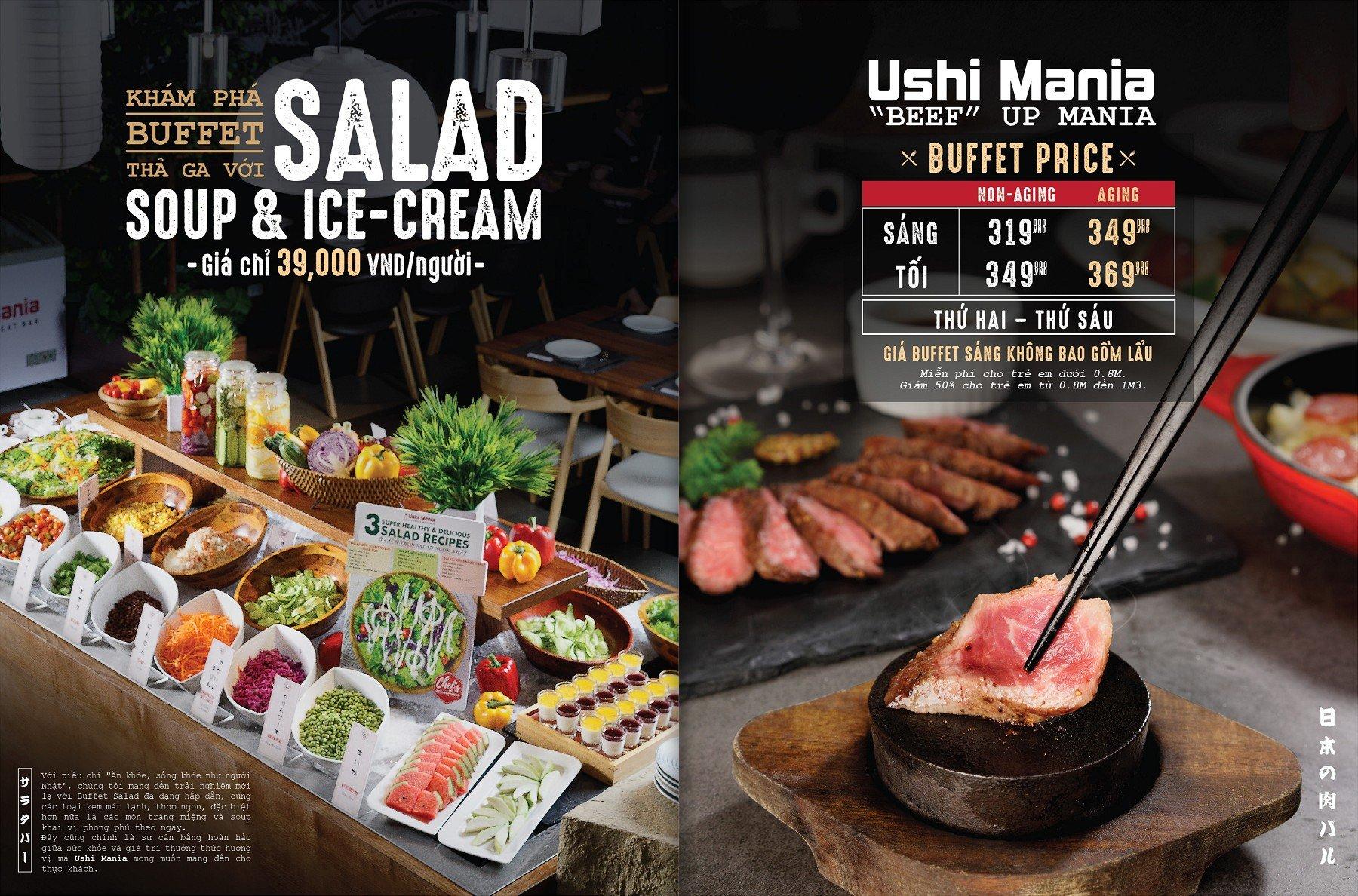 Menu quan đa dạng và nổi bật nhất là Bò nướng đá cùng quầy Salad đa dạng của Ushi Mania (Ảnh: Internet)