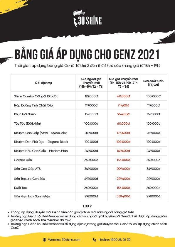Bảng gía tại 30Shine (Nguồn: 30Shine)
