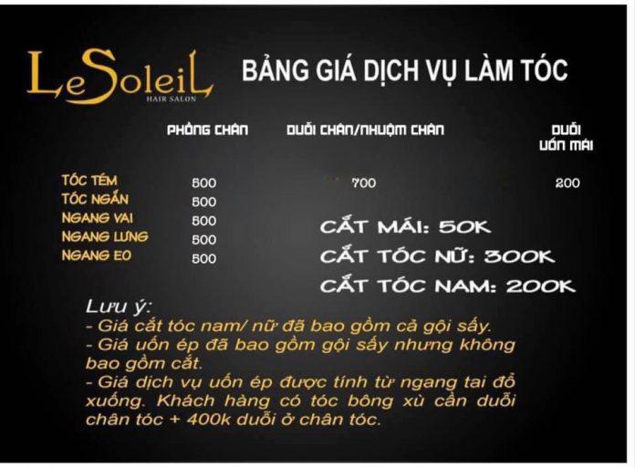 Bảng giá tại Le Soleil Hair (Nguồn: Le Soleil Hair)