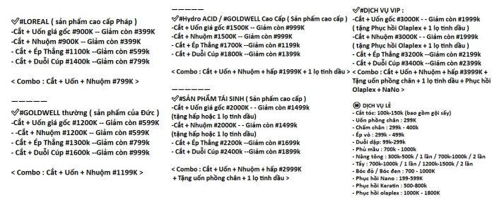 Bảng giá tại Sinh Anh Hair Salon Group (Nguồn: Sinh Anh Hair Salon Group)