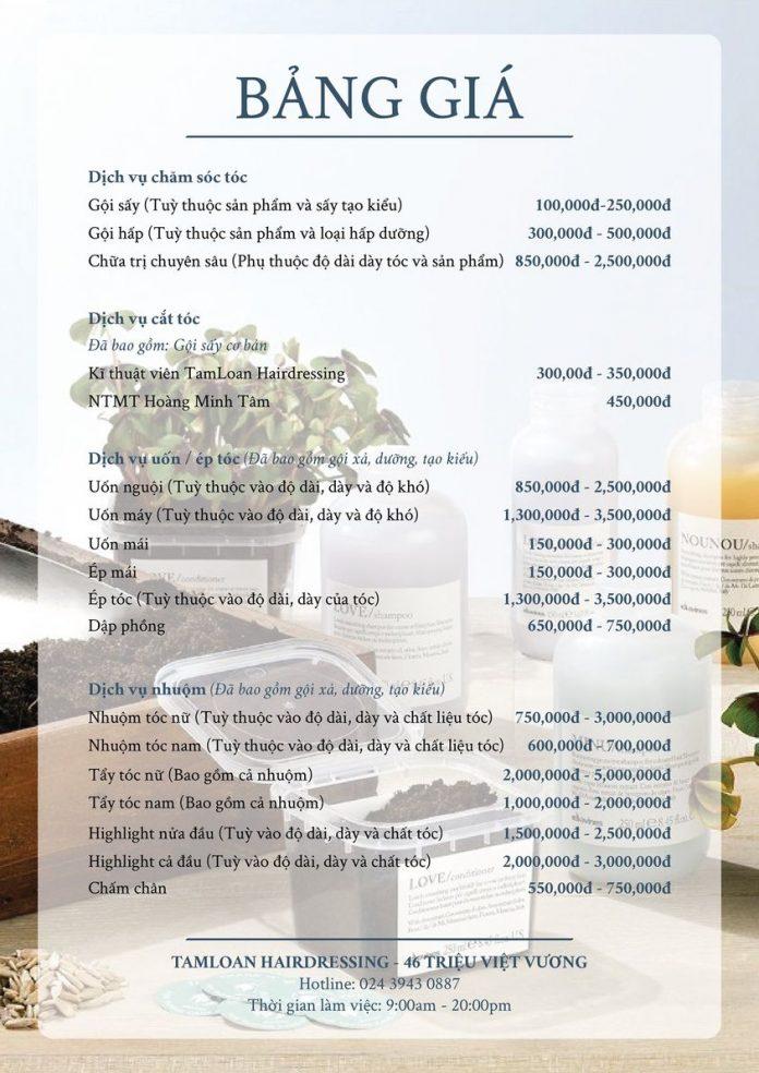 Bảng giá tại Tâm Loan Hairdressing (Nguồn: Tâm Loan Hairdressing)