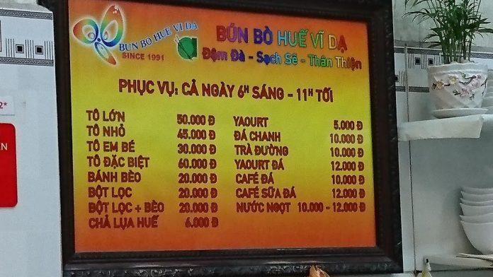 Menu của quán. (Ảnh: Internet)