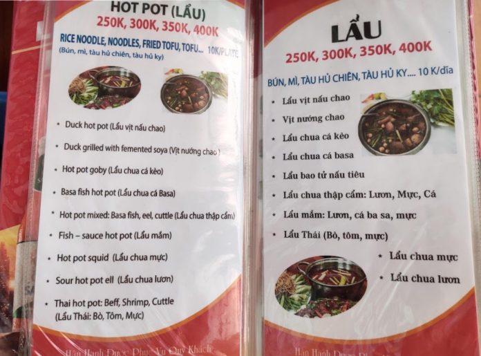 Menu của quán. (Ảnh: Internet)