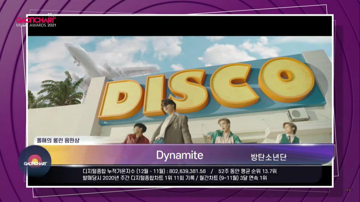"Dynamite" thắng giải Music Steady Seller Of The Year (Ca khúc trụ đường dài của năm) tại Gaon lần thứ 11. (Ảnh: Internet).