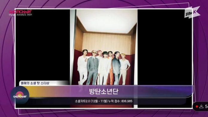 BTS thắng giải Social Hot Star (Ngôi sao mạng xã hội toàn cầu) tại Gaon lần thứ 11. (Ảnh: Internet).