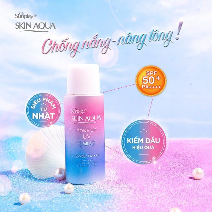 Sunplay Skin Aqua Tone Up UV Milk Lavender với tone hồng phấn siêu xinh dễ dàng kết thân với các cô nàng bánh bèo (nguồn: internet)