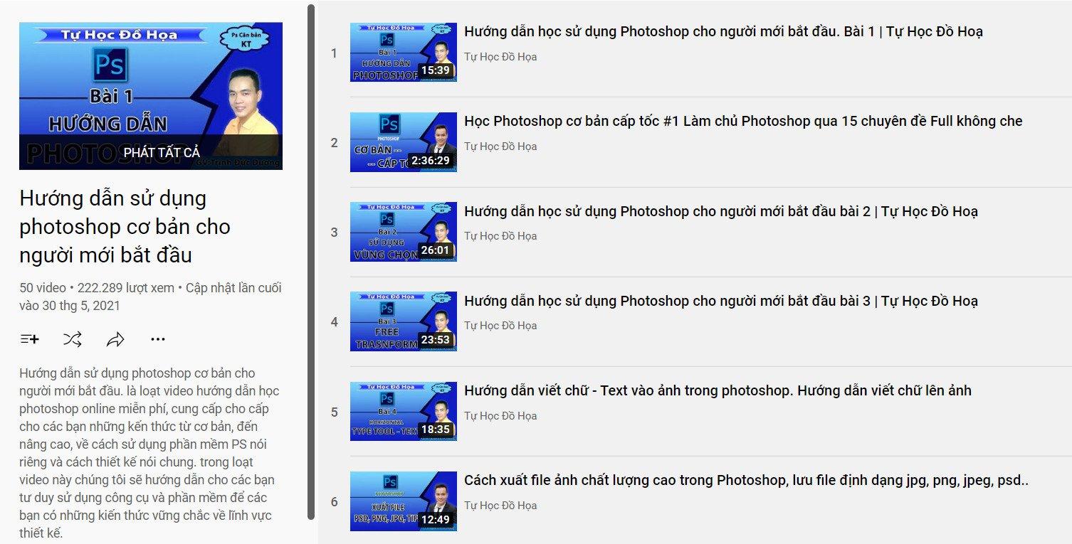 Giao diện playlist hướng dẫn Photoshop của kênh Tự Học Đồ Hoạ (Nguồn: BlogAnChoi)