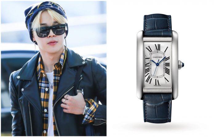 Chiếc đồng hồ Cartier rất hợp với phong cách "all-leather" (full đồ da) của Jimin (Nguồn: Internet)