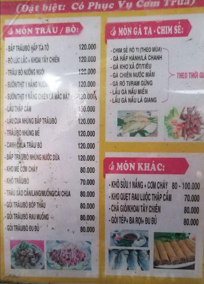 Menu của quán. (Ảnh: Internet)