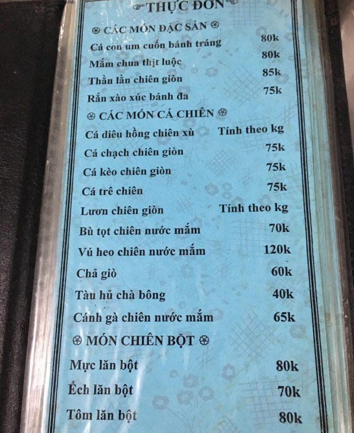 Menu của quán. (Ảnh: Internet)