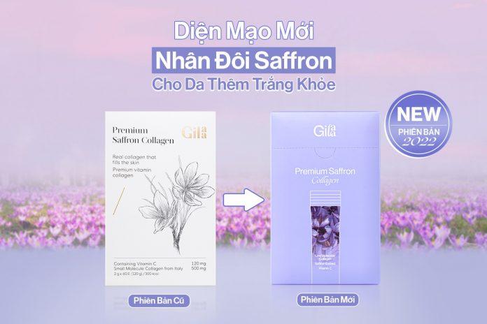 Bao bì của bột uống collagen Gilaa Premium Saffron Collagen được thay đổi nắm bắt xu hướng mới mẻ, hiện đại hơn (nguồn: internet)