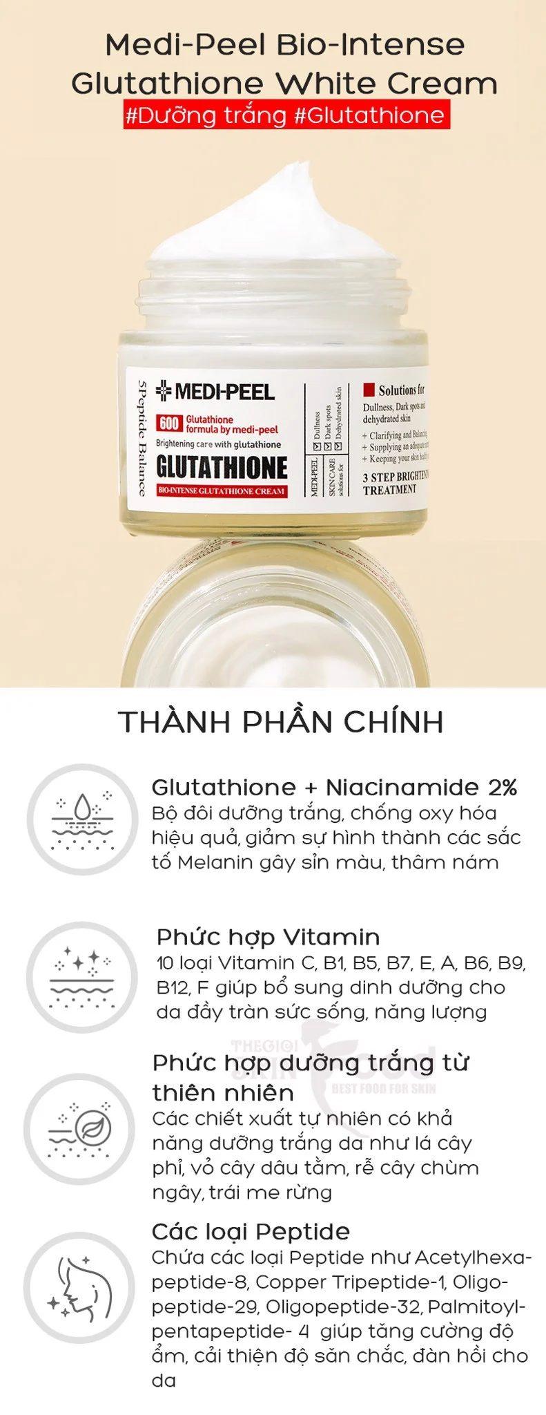 Bảng thành phần chứa nhiều dưỡng chất của kem dưỡng trắng MEDI PEEL Glutathione 600 White Cream (nguồn: internet)