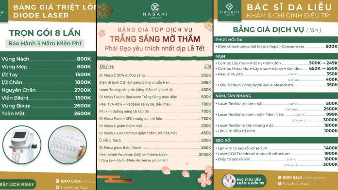 Bảng giá tham khảo tại Hasaki Clinic Spa (Nguồn: Internet)