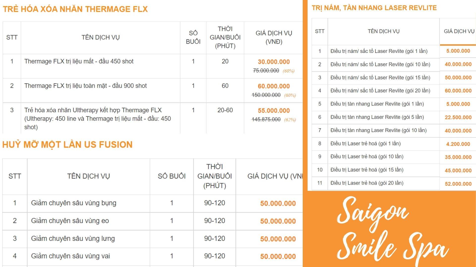 Bảng giá tham khảo tại Saigon Smila Spa (Nguồn: Internet)