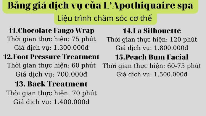 Bảng giá dịch vụ của L’Apothiquaire spa( Nguồn: Internet)