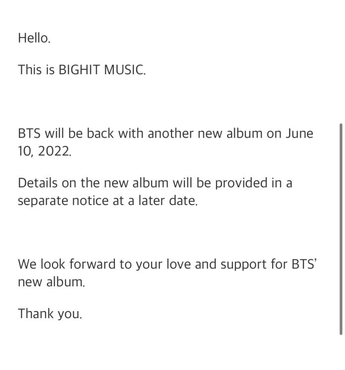 Thông báo xác nhân comeback của Big Hit Music trên Weverse (Nguồn: Internet) Thông báo xác nhân comeback của Big Hit Music trên Weverse (Nguồn: Internet)