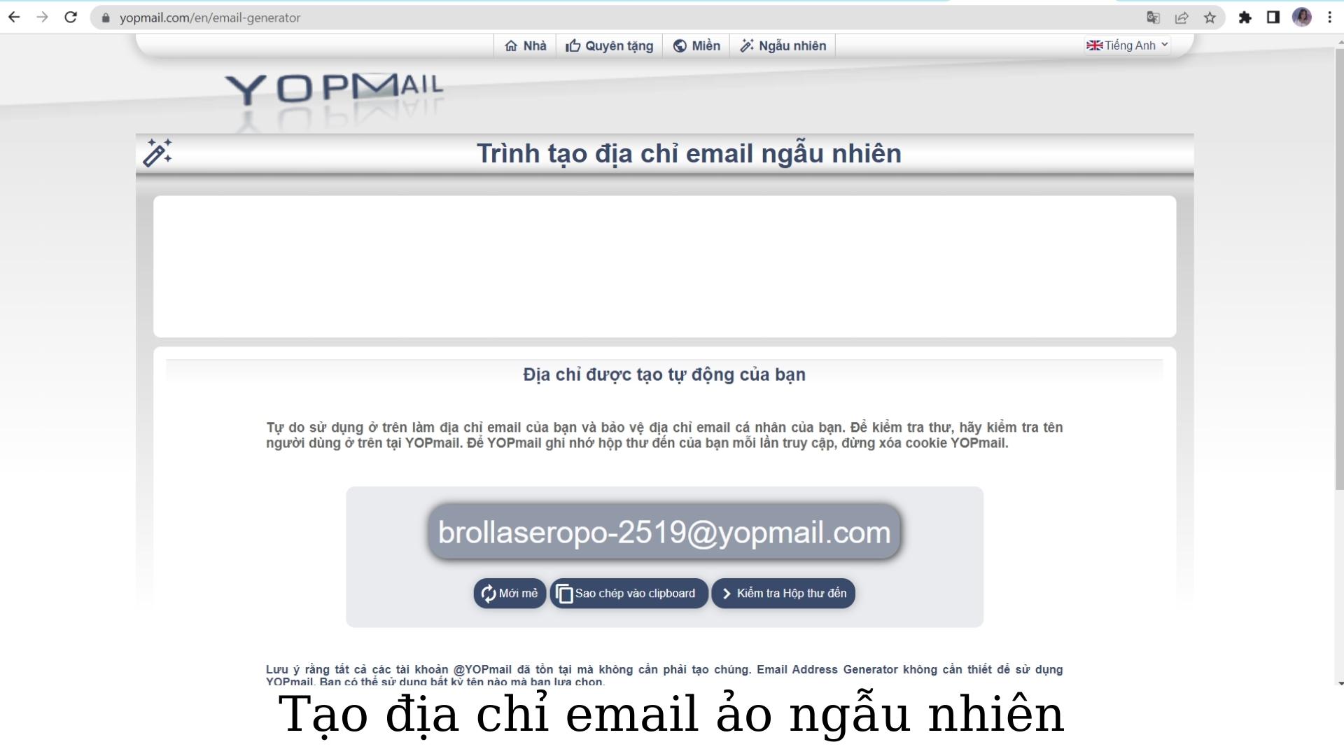 Tạo email ảo ngẫu nhiên từ Yopmail (Nguồn ảnh: BlogAnChoi).