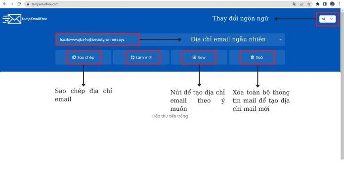 Các nút lệnh tạo địa chỉ email ảo của TempEmailFree (Nguồn ảnh: BlogAnChoi).