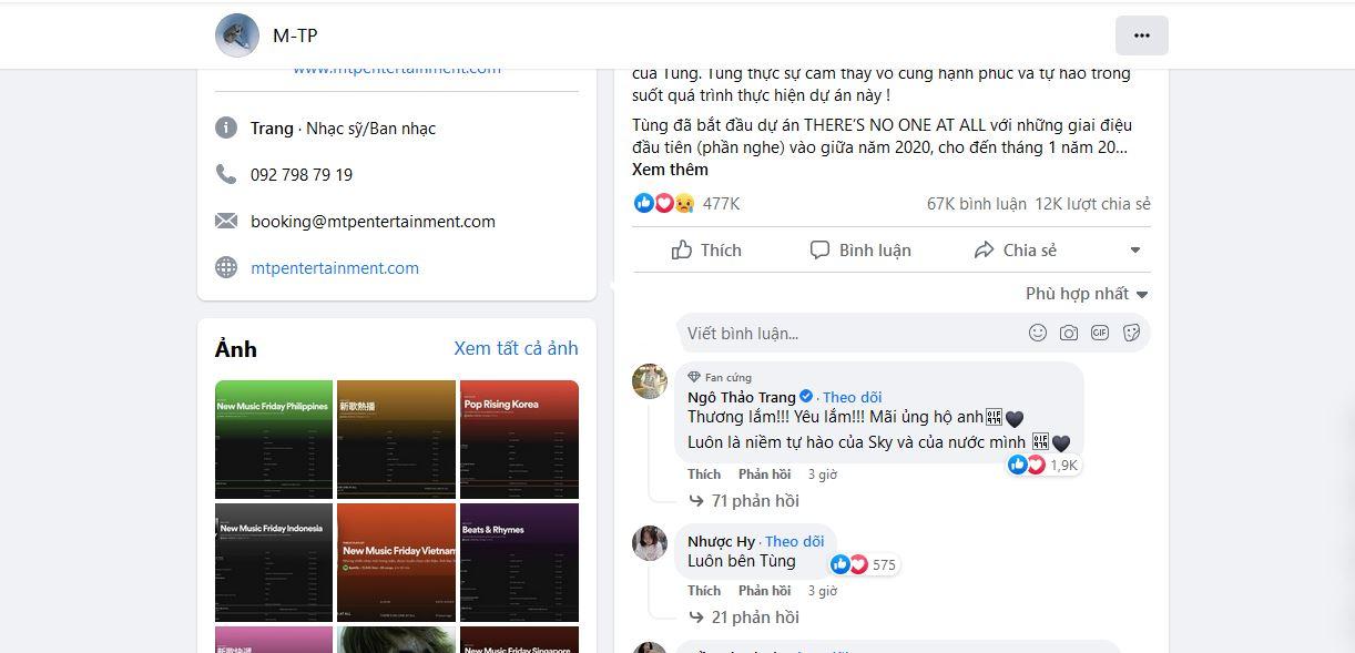 Dưới bài post ở wall cá nhân của Sơn Tùng M-TP nhận được sự ủng hộ của fan hâm mộ (Nguồn: Internet)