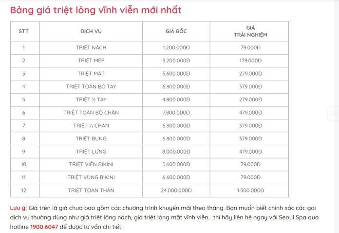 Bảng giá dịch vụ tại Seoul Spa