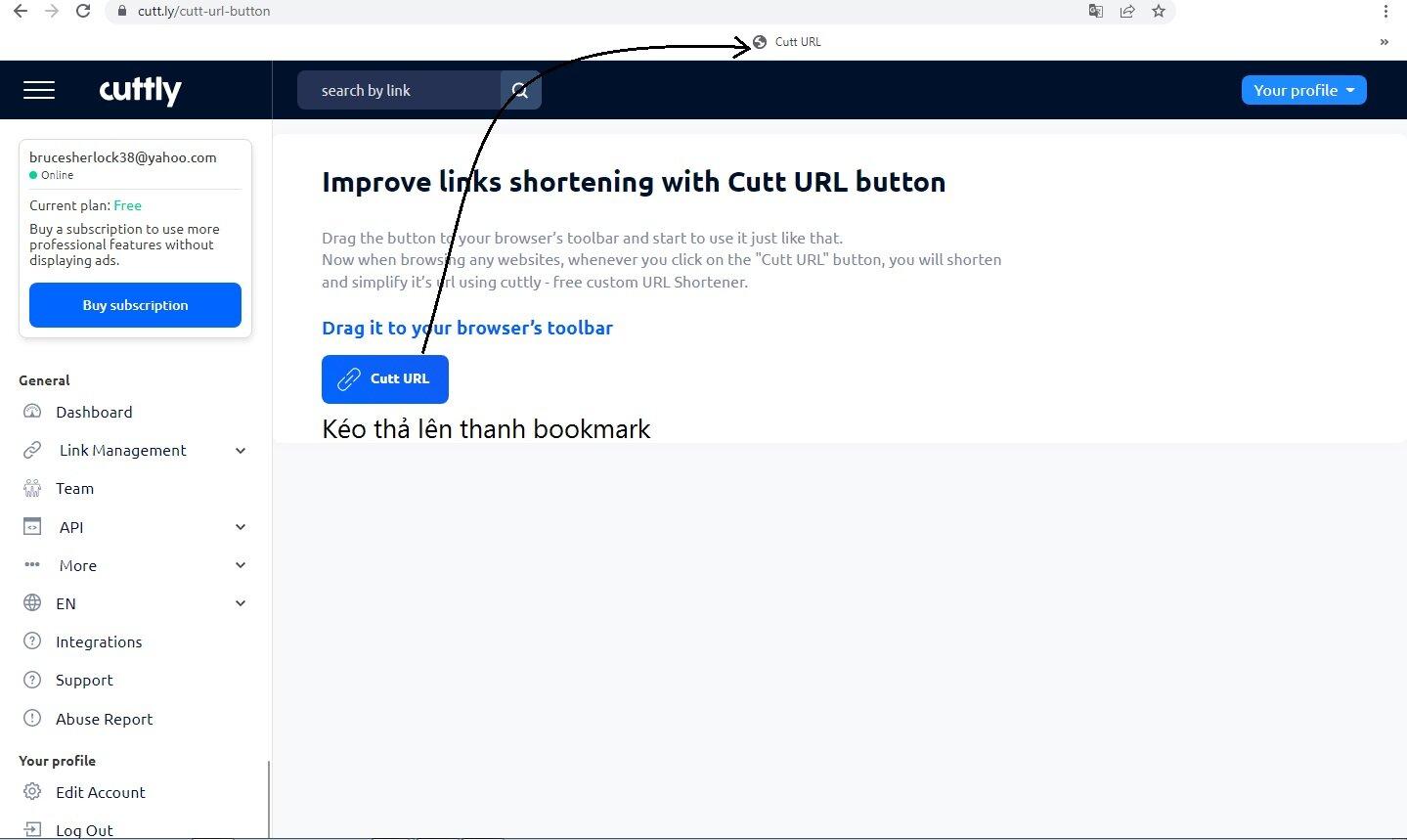 Kéo thả nút Cutt URL để tạo bookmarklet (Ảnh: BlogAnChoi).
