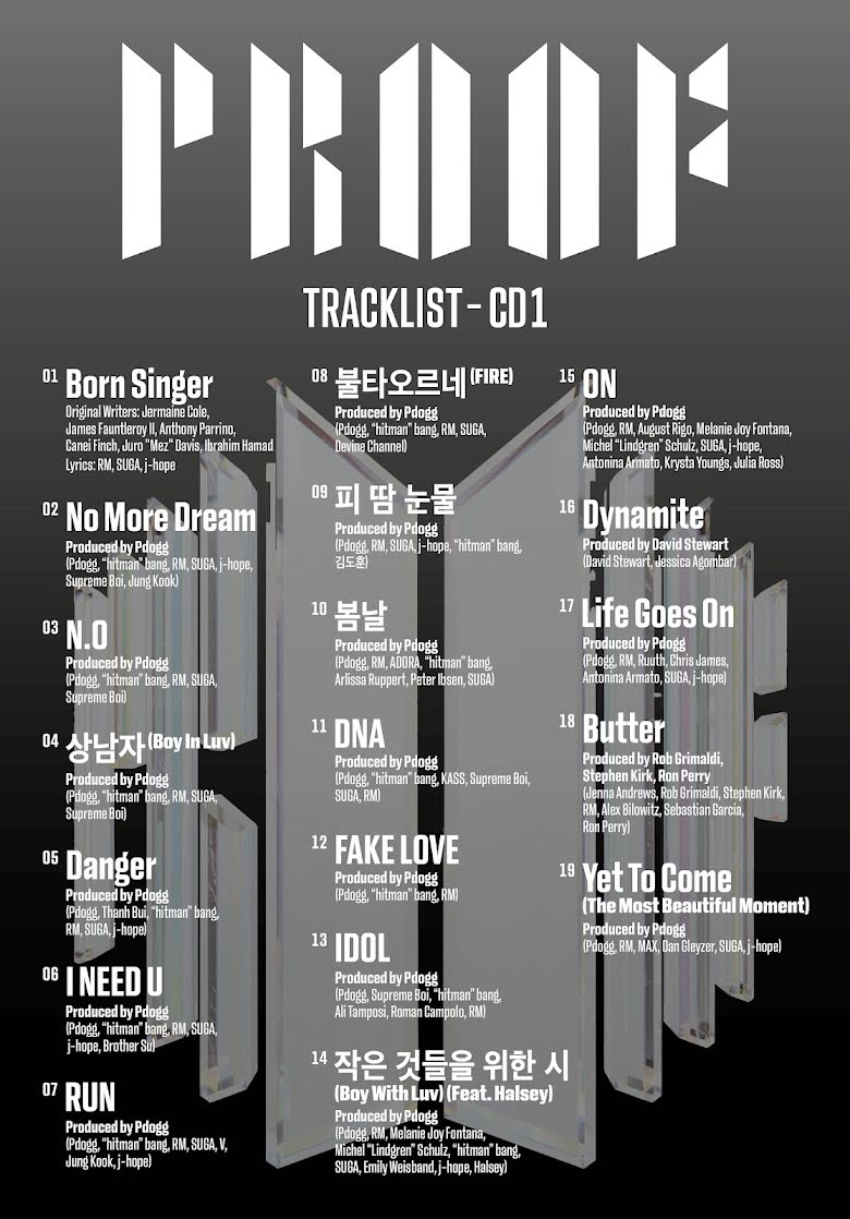 Tracklist CD1 của "PROOF" (Nguồn: Internet)
