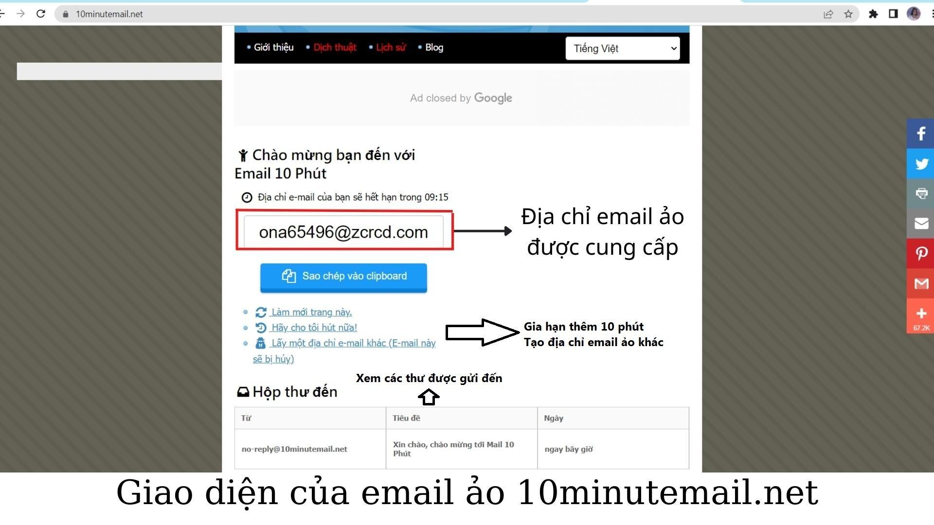 Giao diện của email ảo 10minutemail.net (Nguồn ảnh: BlogAnChoi).