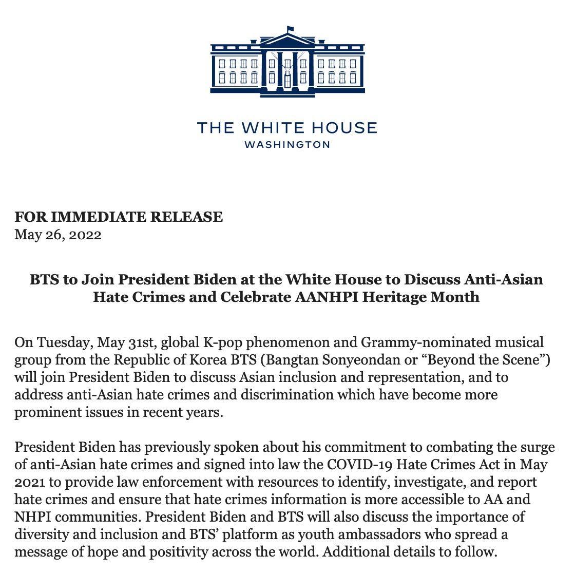 Thông báo từ phía Nhà Trắng về sự tham dự sắp tới của BTS (ảnh: Internet)