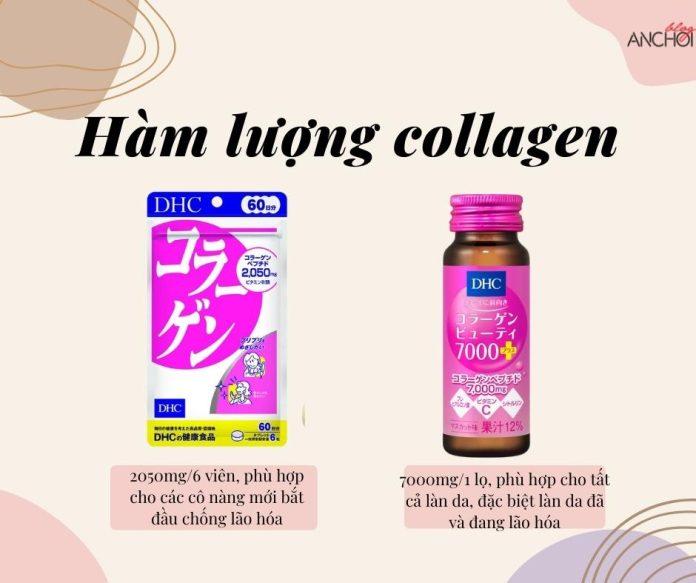 Collagen DHC dạng viên có 2050mg phù hợp cho các cô nàng mới bắt đầu chống lão hóa và collagen DHC dạng nước có 7.000mg thích hợp cho mọi làn da kể cả các làn da đã và đang lão hóa (nguồn: BlogAnChoi)