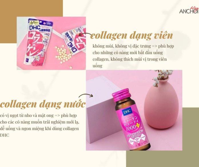 Collagen dạng viên DHC không có mùi vị riêng biệt thích hợp cho các cô nàng mới bắt đầu dùng collagen. Đối với Collagen dạng nước DHC có vị ngọt từ nho với mật ong nên dễ uống hơn và ngon miệng cho các cô nàng muốn trải nghiệm collagen tốt hơn (nguồn: internet)