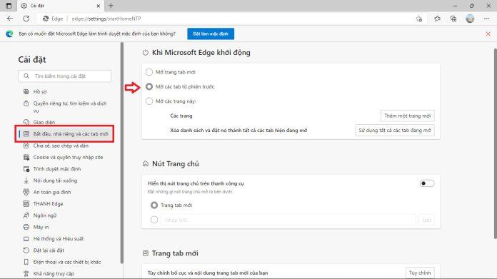 Trình duyệt Microsoft Edge cũng có chức năng cài đặt mặc định mở tab tương tự. (Ảnh: BlogAnChoi)