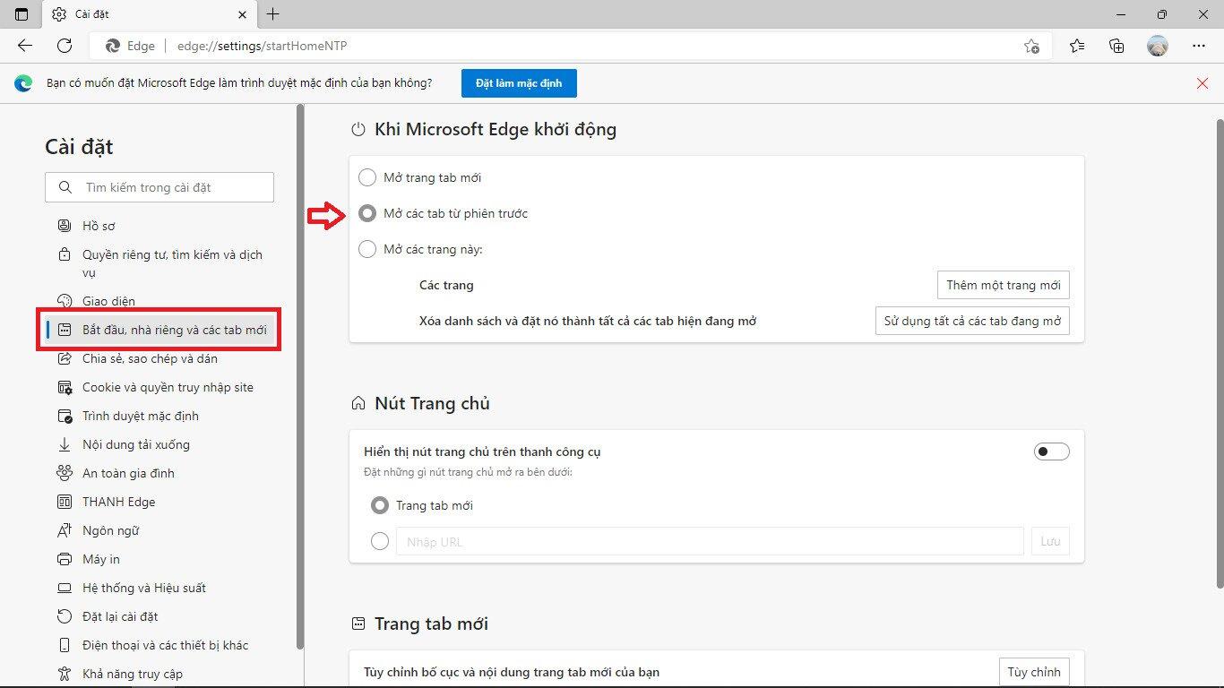 Trình duyệt Microsoft Edge cũng có chức năng cài đặt mặc định mở tab tương tự. (Ảnh: BlogAnChoi)