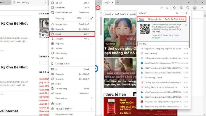 Cách quản lý và khôi phục các tab trình duyệt trên Microsoft Edge trong mục Lịch sử. (Ảnh: BlogAnChoi)