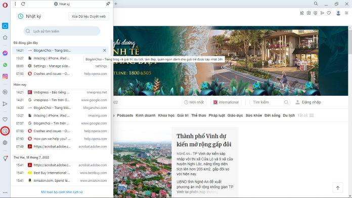 Mục Lịch sử trình duyệt Opera thường nằm ở thanh bên của ứng dụng. (Ảnh: BlogAnChoi)