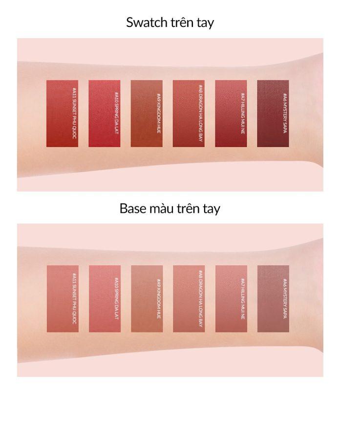 Swach màu và base màu trên tay của BBIA Last Velvet Lip Tint Asia Edition Version 2 (Ảnh: Internet).