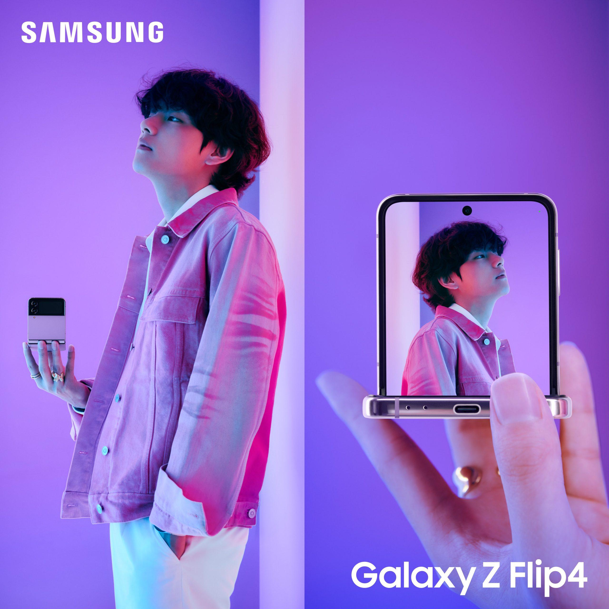 V cùng chiếc điện thoại phiên bản 'Bora Purple' mới của 'Galaxy Z Flip4' (Ảnh: Internet)
