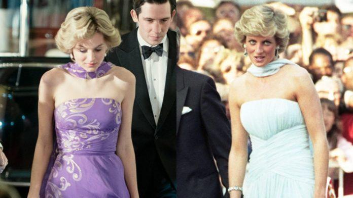 Bộ váy màu tím bên trái được lấy cảm hứng từ chiếc váy của Công nương Diana khi tham dự liên hoan phim Cannes. Nguồn: internet