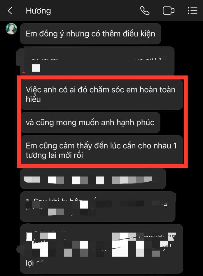 Một phần tin nhắn giữa Shark Bình và vợ bị Phương Oanh che đi (Ảnh: Phương Oanh)