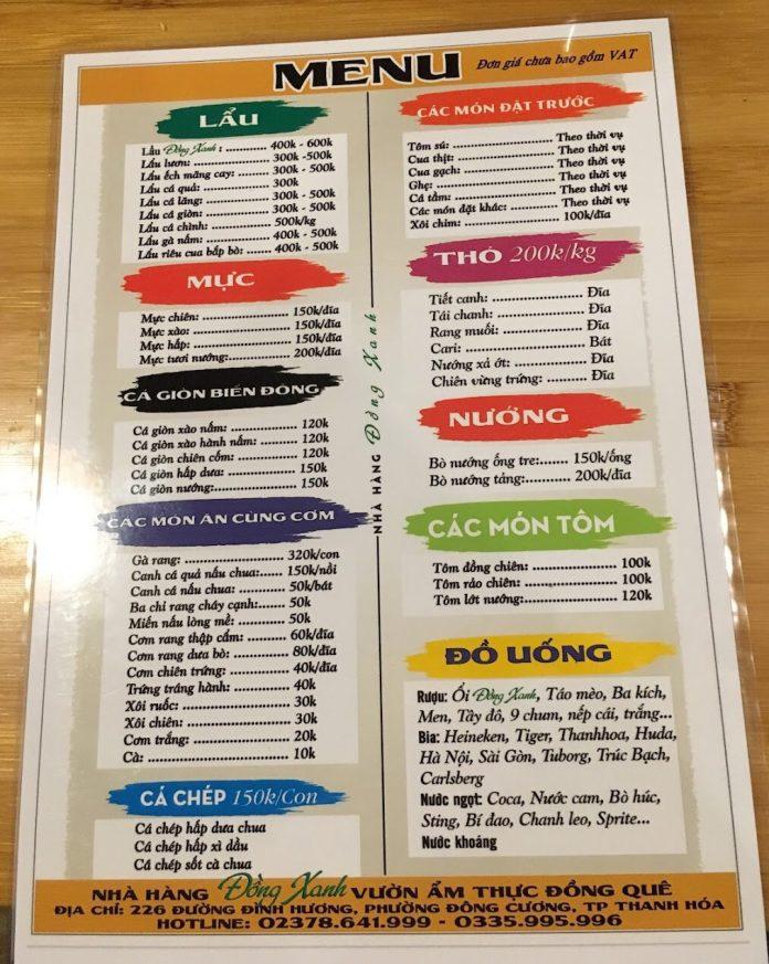 Menu của nhà hàng. (Ảnh: Internet)