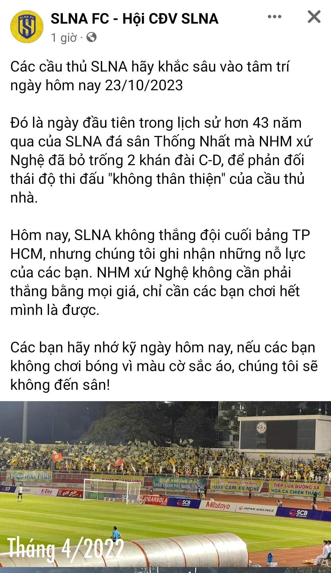 Thông báo của Hội cổ động viên sau trận đấu với Thành phố Hồ Chí MInh (Ảnh: Internet)