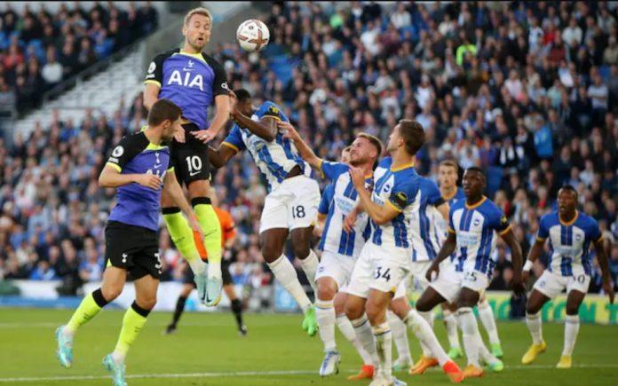 Harry Kane bật cao hơn tất cả đánh đầu ghi bàn cho Tottenham trong trận cầu đầy khó khăn trên sân của Brighton (Ảnh: Internet)