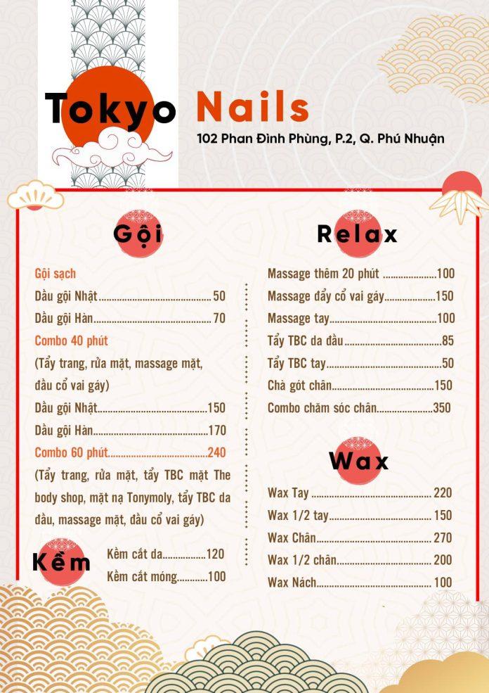 Bảng giá dịch vụ gội đầu, massage và wax tại Tokyo Nails.