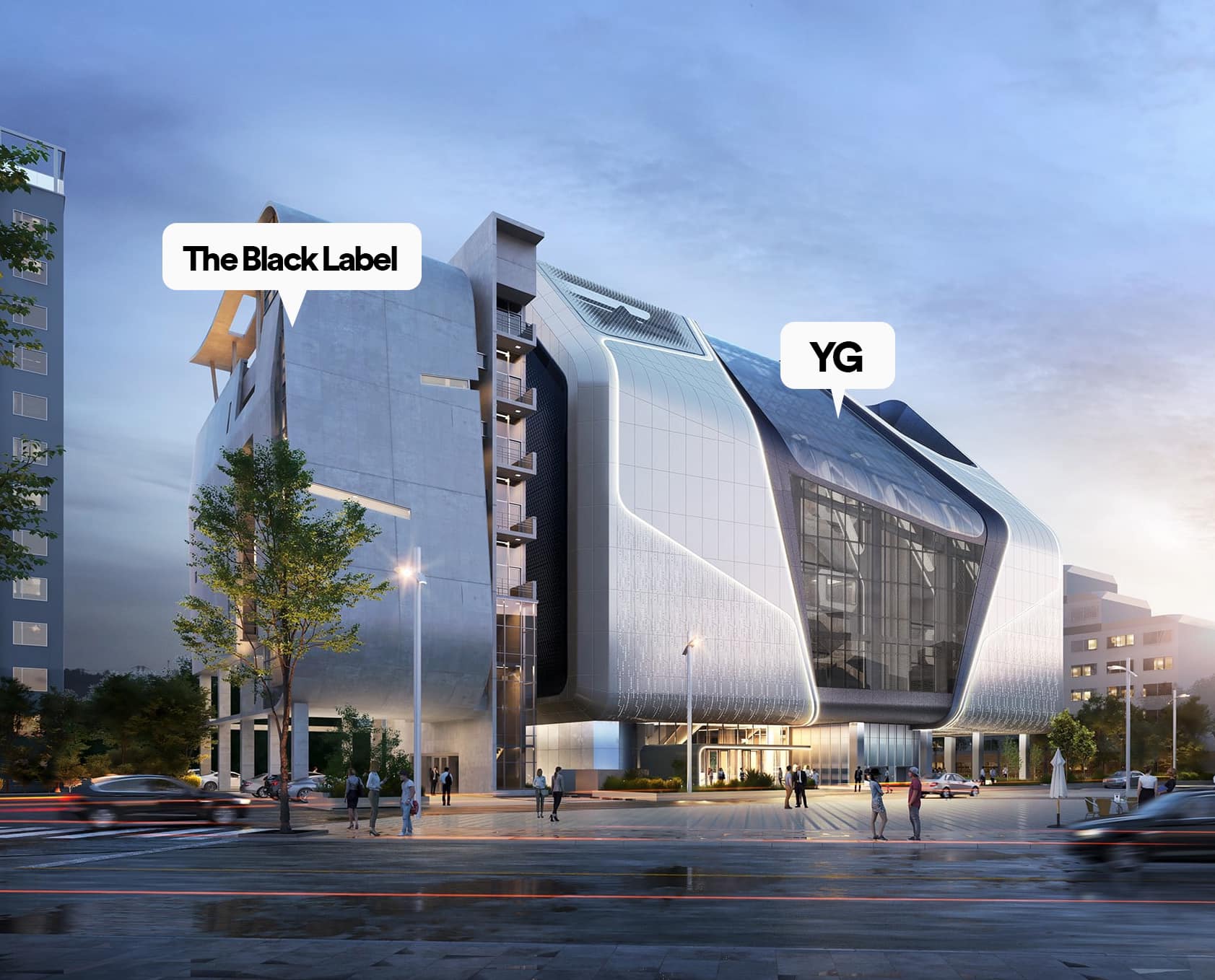 Hình ảnh 2 tòa nhà trụ sở YG Entertainment (bên phải) và The Black Label (bên trái) (Nguồn FB: YG FAMILY'S LOVER )