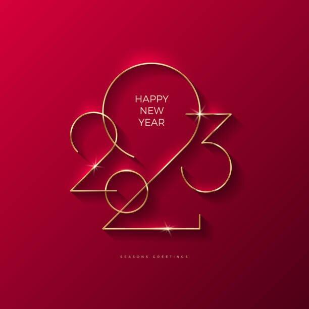 Golden 2023 New Year logo. Holiday greeting card. Vector illustration. Holiday design for flyer, greeting card, invitation, calendar, etc.