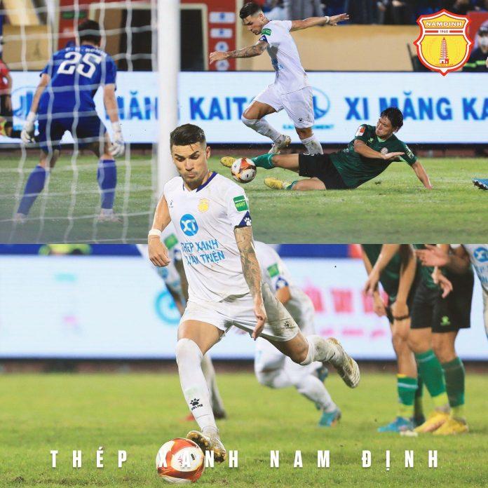 Tiền vệ Hendrio ghi bàn thắng quyết định mang về chiến thắng 1-0 cho đội chủ sân Thiên Trường (ảnh CLB Nam Định)