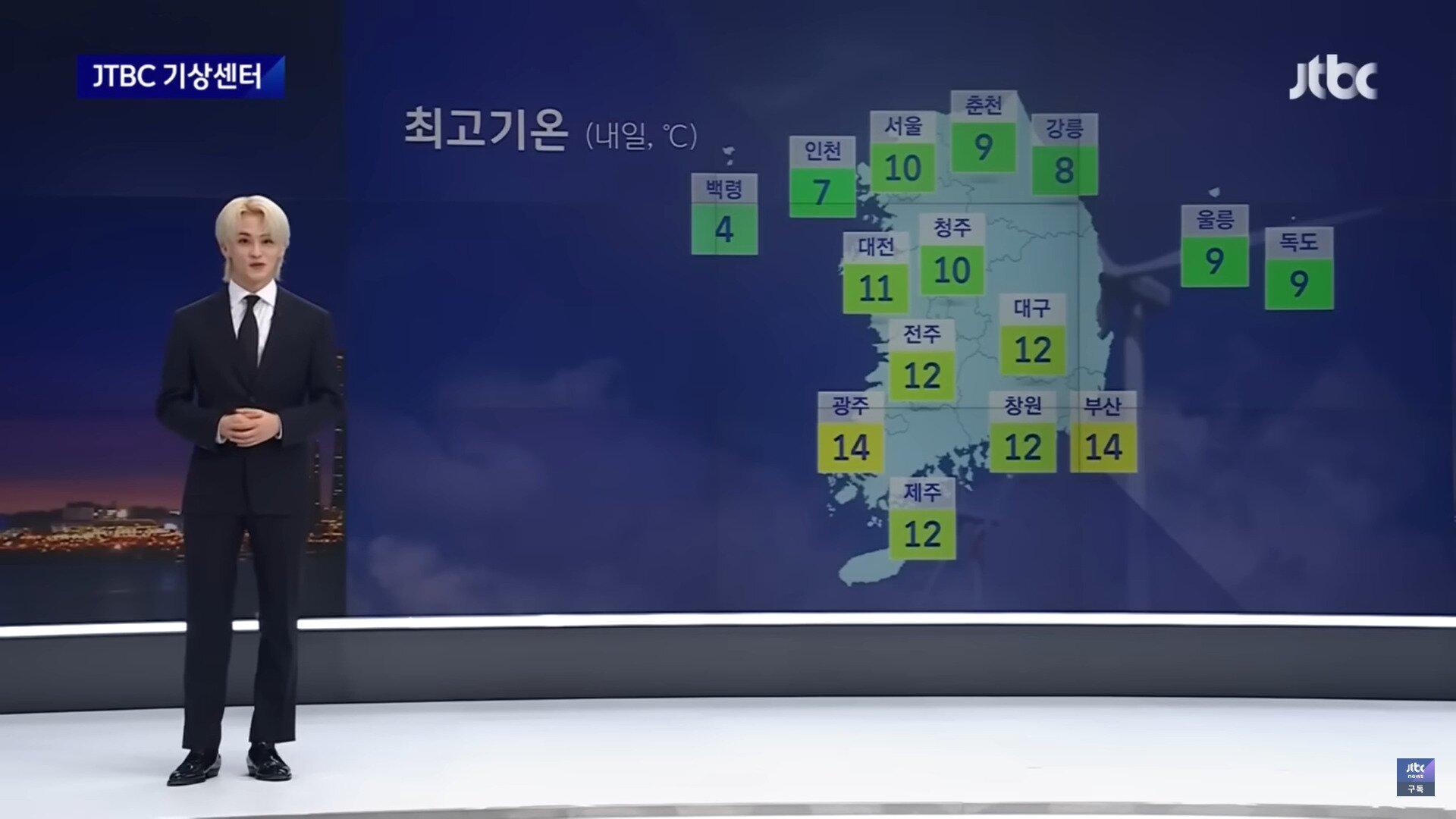 Mark dẫn dắt bản tin thời tiết một cách đầy tự tin và chuyên nghiệp trên "JTBC Newsroom" (Ảnh: JTBC)